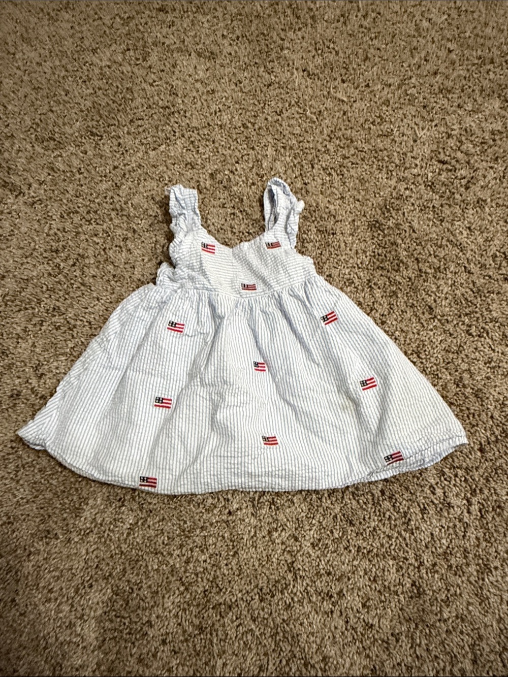 Girls White & Light Blue Seersucker Dress with Flag Embroidery
